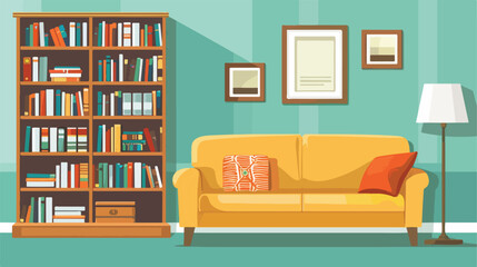 Bookcase and sofa with lamp. flat style vector illustration