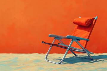 vibrant orange beach chair on sandy shore against solid color background