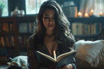 A woman reads from a book in a dimly lit room with burning candles and a moody atmosphere.