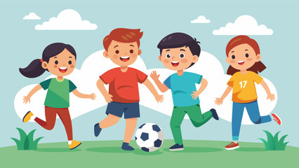 A group of cousins playing a friendly game of soccer representing their family teams at the annual event.