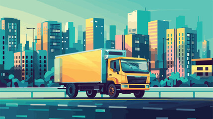 Box truck with a driver rides on the background