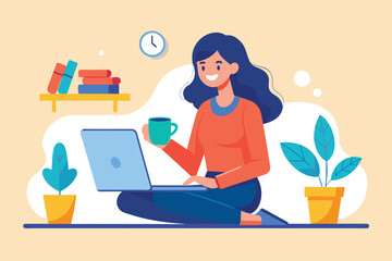 A woman is seated on the floor, working on her laptop and holding a cup of coffee, woman sitting with laptop,online education concept distance learningconcept flat illustration