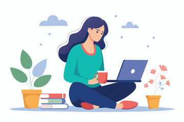 Woman Sitting on Floor With Laptop, woman sitting with laptop while drinking ,online education concept distance learning, Simple and minimalist flat Vector Illustration
