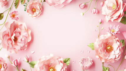 Decorative pink flowers on a pink background. Copy space, greeting card