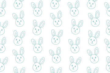 Seamless pattern with simple doodle kawaii cute face, head of bunny, rabbit for children, kids, baby isolated on white background