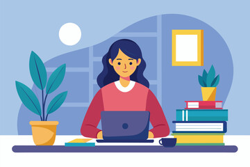 A woman is studying intently at her desk, focusing on the screen of her laptop, woman studying in front of laptop, Simple and minimalist flat Vector Illustration