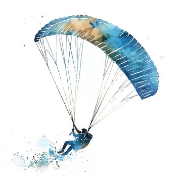 Minimalistic watercolor illustration of paragliding on a white background, cute and comical.