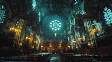 A wide-angle cinematic still of an empty synagogue interior with dramatic lighting and a large stained glass window.
