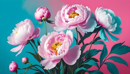 a painting of pink peonies in full bloom. The peonies are various shades of pink, with some appearing darker and almost red in the center of the flower. 