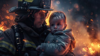 Firefighters saves a child - obrazy, fototapety, plakaty