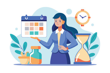A woman looking at a calendar while holding an hourglass, Woman with hourglass and calendar trending, Simple and minimalist flat Vector Illustration - obrazy, fototapety, plakaty