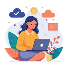 A woman is seated on the ground, focused on her laptop screen, fixing a website error, woman with laptop fixing website error, Simple and minimalist flat Vector Illustration