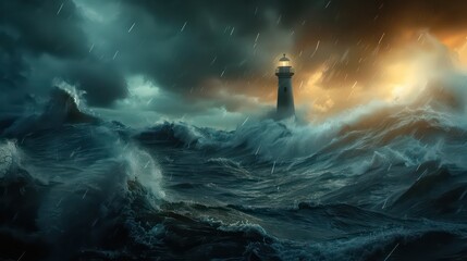 Lighthouse on stormy sea background - obrazy, fototapety, plakaty