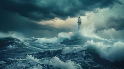 Lighthouse on stormy sea background