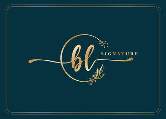 luxury gold signature initial BL logo design isolated leaf and flower