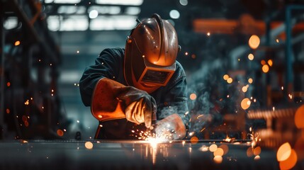 Skillful metal worker working with arc welding machine in factory while wearing safety equipment. Metalwork manufacturing and construction maintenance service by manual skill labor concept. - obrazy, fototapety, plakaty