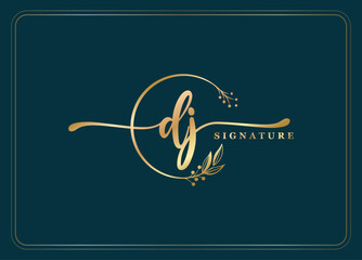 luxury gold signature initial DJ logo design isolated leaf and flower
