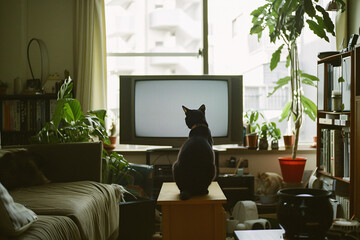 Domestic cat at cozy contemporary apartment living room interior vintage style.
