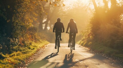 A couple cycling through scenic countryside roads, enjoying the freedom and exhilaration of outdoor exercise. - obrazy, fototapety, plakaty
