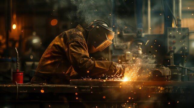 Skillful metal worker working with arc welding machine in factory while wearing safety equipment. Metalwork manufacturing and construction maintenance service by manual skill labor concept.