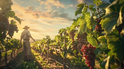 A farmer tending to rows of sun-kissed grapevines in a vineyard, inspecting the ripening fruit and...