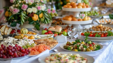 festive banquet table set with delicious food and colorful decorations, ready for a joyful celebration or special event.