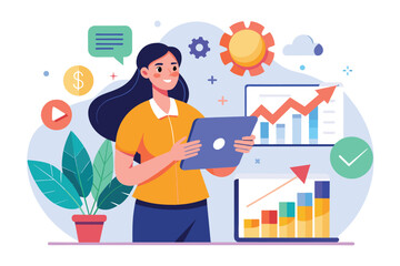 A woman holds a laptop displaying a marketing investment graph on the screen, woman with marketing investment graph marketing investment effectiveness, Simple and minimalist flat Vector Illustration