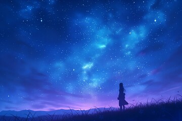Anime-style silhouette young girl starry sky nebulae stars night blue purple