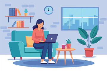 A woman is sitting on a couch while using a laptop in a living room, woman working in front of living room using laptop, Simple and minimalist flat Vector Illustration