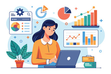 Fototapeta premium A woman sitting in front of a laptop computer, analyzing digital data charts and graphs, Woman worker analyzing digital data, charts and graphs, Simple and minimalist flat Vector Illustration