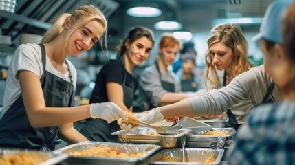 group of friends volunteering at a soup kitchen, serving meals to those in need and spreading kindness in their community.