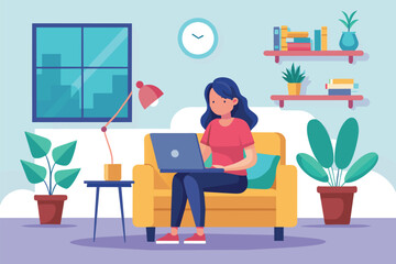A woman sitting on a couch, focused on her laptop computer in a living room setting, woman working in the living room with laptop, Simple and minimalist flat Vector Illustration