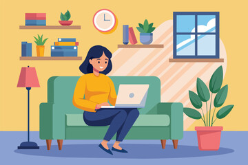 A woman working on a laptop computer while sitting on a couch in a living room, woman working in front of living room using laptop, Simple and minimalist flat Vector Illustration