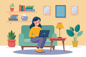 A woman sitting on a couch indoors, focused on using a laptop, woman working in the living room with laptop, Simple and minimalist flat Vector Illustration
