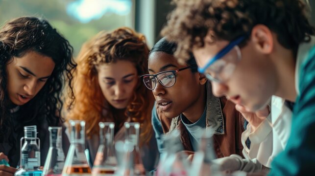 group of students conducting a science experiment in a laboratory, working collaboratively to achieve accurate results.
