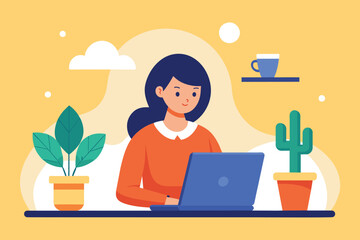 A woman is working on a laptop at a table in a simple and minimalist setting, woman working on laptop, Simple and minimalist flat Vector Illustration