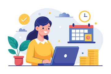 Fototapeta premium A woman sitting in front of a laptop computer, working with a calendar and coins on the table, Woman working on laptop with calendar and coins trending, Simple and minimalist flat Vector Illustration