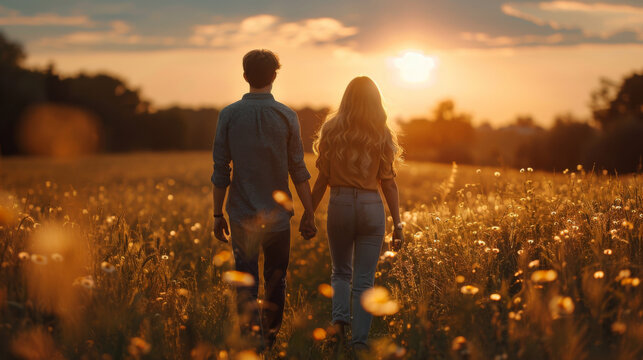 Rear view of a young couple holding hands while walking through a flower field at sunset.