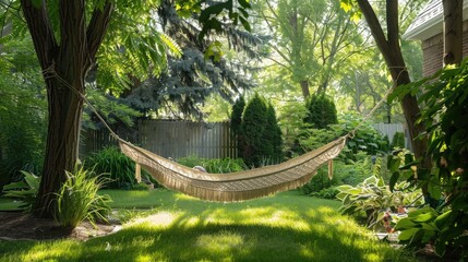 person relaxing in a hammock strung between two trees in their backyard, enjoying the peacefulness of home. - Powered by Adobe