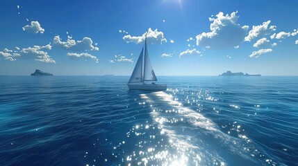 sailboat gliding gracefully across sparkling blue waters, with distant islands dotting the seascape.