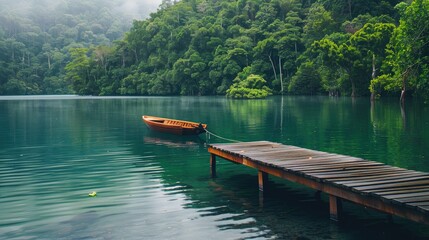 serene lake surrounded by lush forest, with a wooden dock stretching out into the water and a small...