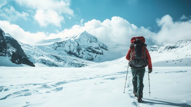 solo backpacker trekking through a snow-covered landscape, surrounded by pristine wilderness.