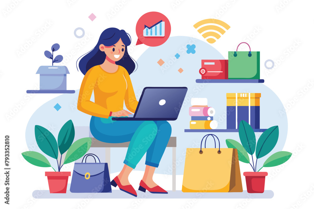 Poster A woman is seated on a table, using a laptop for online shopping or work, Women are shopping online, Simple and minimalist flat Vector Illustration