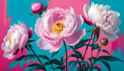  a painting of pink and white flowers in a vase on a pink and blue background.