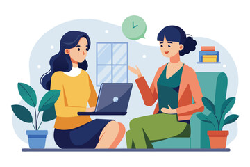Fototapeta na wymiar Two women engaged in conversation while sitting on a couch, Women are talking about business, Simple and minimalist flat Vector Illustration