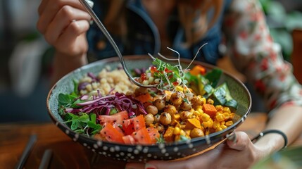 A woman practicing mindful eating, savoring each bite of a colorful Buddha bowl filled with nutrient-rich grains, veggies, and proteins.