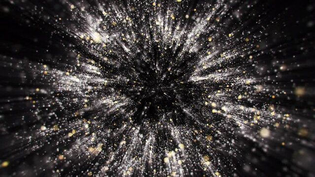 4K Explosion of Bokeh lights. Holiday motion background. Glowing particle abstract. 2160p 60fps. Exploding particles. 3d rendering. Isolated on black effect. 2025 Trend footage. Silver and Gold.