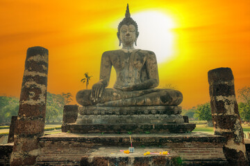 Beautiful landscape of Wat Mahathat in Sukhothai Historical Park, Thailand