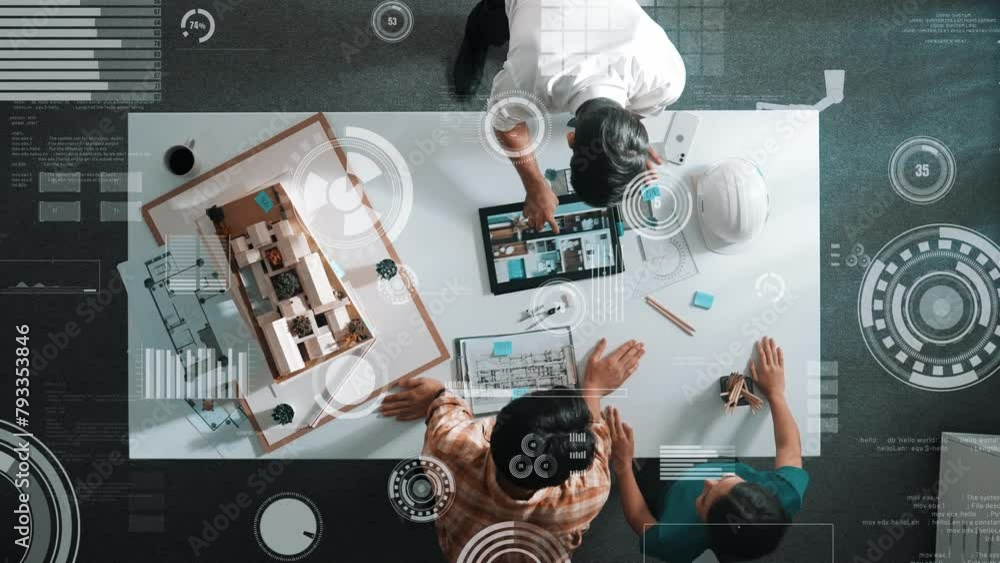 Aufkleber top down aerial view of team looking at blueprint and talking about financial chart or investment st