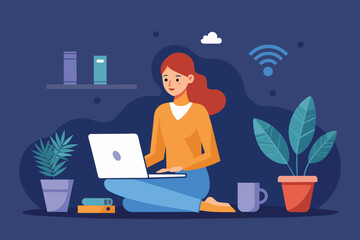 Fototapeta na wymiar A woman seated on the floor, engaging with a laptop screen, women no internet network with laptop, Simple and minimalist flat Vector Illustration